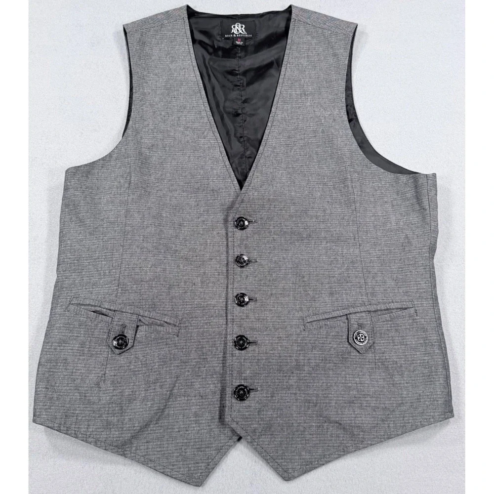 Rock & Republic Men's Gray Woven Vest Size Medium 5-Button Edge Studded Pockets